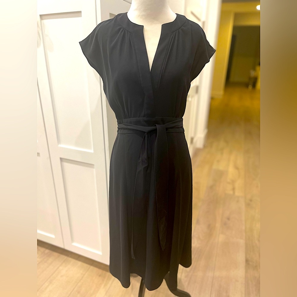 Tahari Arthur S. Levine Black dress V neck with wrap around tie at waist, size-8